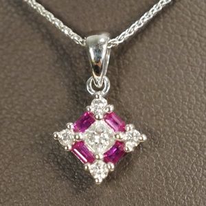 14KW Gold Genuine Ruby & Diamond Pendant W/Chain
